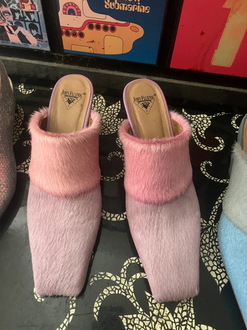 Fluevog lilac and pink majesty mules pony hair super fine